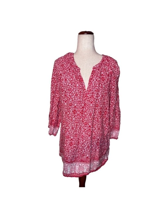 Jones & Co. Tops - Jones & Co. red shirt so 1x. 100% rayon. Long sleeve lightweight, white flowers￼